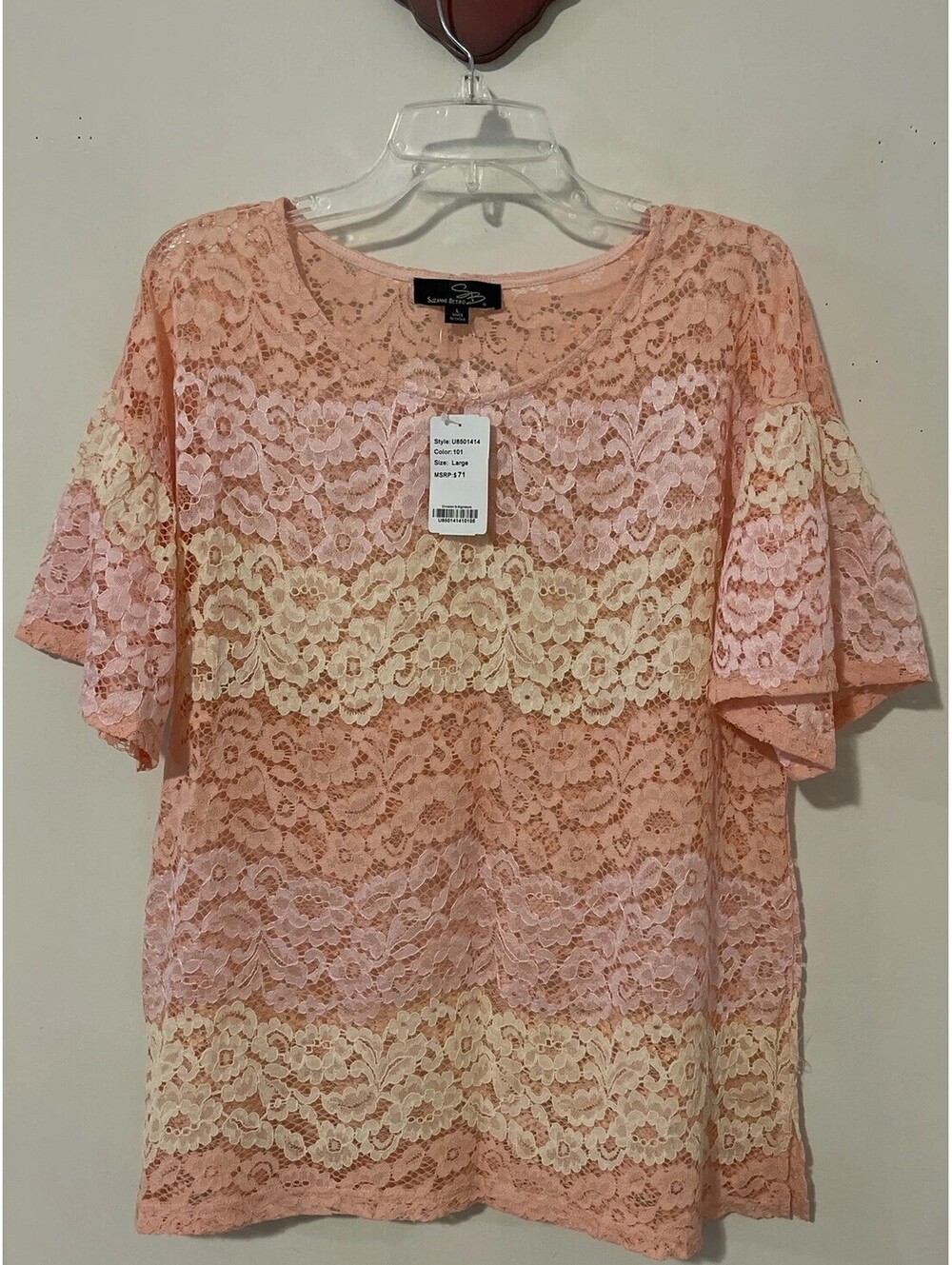 Suzanne Betro Womens Large Pink Floral Tunic Style Sheer Flowy Blouse NWT! A5943